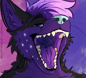 anthro black_body black_fur blue_eyes blue_nose cheek_tuft cosmic_hair ethereal_hair eyebrows facial_tuft fangs femboy fur happy imminent_vore male mouth_shot multicolored_body open_mouth oral_vore palate purple_body purple_fur purple_mouth safe_vore simple_background smug soft_vore solo sparkles teeth tongue tuft two_tone_body vore vore_tease vraze kitsunaki canid canine fox mammal 2026 absurd_res headshot_portrait hi_res portrait shaded