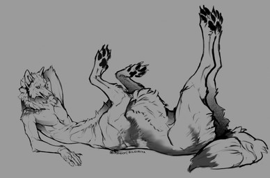butt claws feet fingers fur looking_at_viewer looking_back lying male on_back paws smile solo tail teeth toes silgiriya_mantsugosi canid canine mammal taur 2025 digital_drawing_(artwork) digital_media_(artwork) hi_res monochrome