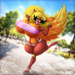 anthro big_breasts bimbo_anthro bimbofication bimbofied breasts clothed clothing dutch_angle eyelash_fetish eyelashes fake_breasts female green_eyes huge_breasts hyper jogging lips outside pink_lips round_breasts skimpy solo thick_lips wide_hips vrabo rayke 1:1 absurd_res hi_res