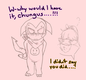 anthro belt blusb claws duo embarrassed hair hair_over_eyes kerchief long_ears male male/male neckerchief neckwear ponytail_ears shortstack shortstack_male text lxzylux bandai_namco digimon angoramon digimon_(species) impmon english_text hi_res