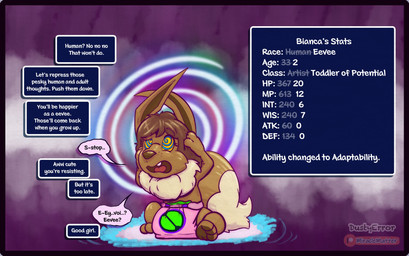 age_regression aged_down caption caption_box diaper mental_regression mental_transformation status_changes status_effect text transformation dustyerror nintendo pokemon canid canine domestic_cat eevee felid feline felis fox generation_1_pokemon mammal pokemon_(species) english_text hi_res