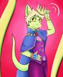 anthro crown femboy gown headgear jewelry looking_aside male royalty simple_background smile solo tipping_hat dengus-pengus hybrid scalie absurd_res hi_res