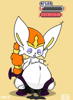 anthro balls big_breasts big_penis black_body bodily_fluids breasts cum cum_inflation cum_inside duo ejaculation female gameplay_mechanics genital_fluids genitals gui health_bar inflation male male/female penetration penis text vaginal vaginal_penetration white_body drawcat13 nintendo pokemon amira_o'neil cinderace generation_7_pokemon generation_8_pokemon mimikyu pokemon_(species) hi_res spanish_text