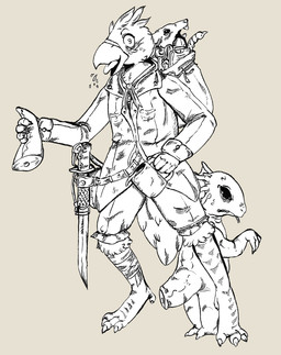 anthro backpack beak biped clothed clothing coffee_mug container cup duo feet holding_container holding_cup holding_object male melee_weapon open_mouth simple_background smile standing sword talons toes weapon nihilochannel avian bird dinosaur prehistoric_species reptile scalie 2017 hi_res