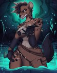 anthro areola black_areola black_nipples breasts clothing detailed_background fangs female fluffy fluffy_tail ineffective_clothing looking_at_viewer nipples smoke solo tail teasing teeth water litchie_d hyena mammal absurd_res hi_res