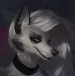 anthro black_lips black_nose collar fangs fur grey_body grey_fur grin hair light lips long_hair monotone_hair multicolored_body multicolored_fur notched_ear red_sclera side_view smile solo teeth two_tone_body two_tone_fur white_body white_fur white_hair lofi helluva_boss mythology loona_(helluva_boss) canid canid_demon canine demon hellhound mammal mythological_canine mythological_creature 2023 colored digital_media_(artwork) digital_painting_(artwork) headshot_portrait hi_res lighting portrait shaded