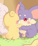 anus balls chibi duo erection female feral fur genitals kissing male male/female penis purple_body purple_fur pussy sitting white_body white_fur yellow_body yellow_fur young young_feral young_male sake_kemosalmon himitsu_no_cocotama nikori_(cocotama) renji_(cocotama) cocotama 5:6 absurd_res hi_res