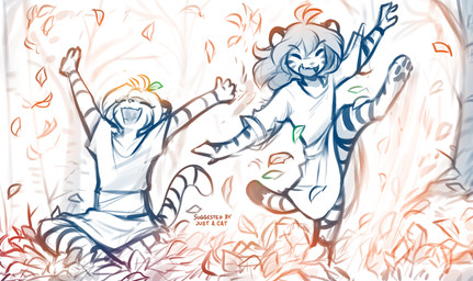 aged_down anthro autumn autumn_leaves barefoot biped bottomwear clothed clothed_anthro clothed_female clothing crossed_legs digitigrade dress duo eyes_closed feet female female_anthro fingers front_view fully_clothed fully_clothed_anthro fully_clothed_female fur hair happy markings on_ground on_one_leg one_leg_up open_mouth open_smile outside pawpads paws playing raised_leg sitting smile standing striped_body striped_fur striped_markings striped_tail stripes tail tail_markings teeth text toes tongue topwear young young_anthro young_female conditional_dnp tom_fischbach twokinds flora_(twokinds) ivy_(twokinds) felid keidran mammal pantherine tiger 2025 colored_sketch digital_drawing_(artwork) digital_media_(artwork) english_description english_text hi_res sketch spot_color sibling_(lore) sister_(lore) sisters_(lore)
