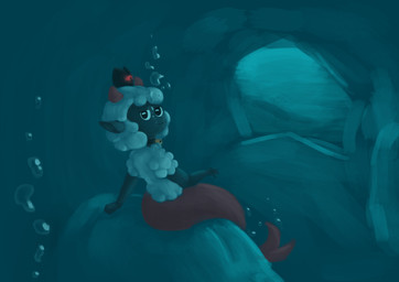 ambiguous_gender anthro bubble cave collar fur horn looking_at_viewer smile solo split_form tail underwater water white_body white_fur wool_(fur) bloope cult_of_the_lamb massive_monster_(studio) lamb_(cult_of_the_lamb) red_crown_(cult_of_the_lamb) aquatic bovid caprine fish humanoid mammal merfolk sheep absurd_res digital_media_(artwork) hi_res