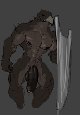 anthro balls big_balls big_penis bodily_fluids flaccid fluffy fluffy_chest foreskin genital_fluids genitals huge_penis humanoid_genitalia humanoid_penis male muscular muscular_male nipples nude penis precum solo loyals2 elden_ring elden_ring_nightreign fromsoftware guardian_(nightreign) accipitrid accipitriform avian bird eagle humanoid hi_res