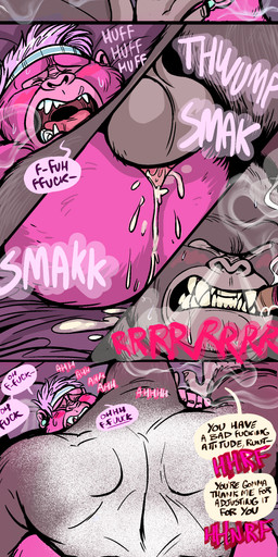5_fingers 5_toes accessory age_difference anal anal_penetration anthro anthro_on_anthro anthro_penetrated anthro_penetrating anthro_penetrating_anthro backsack balls big_butt bird's-eye_view blush bodily_fluids breath butt cigar cigarette clenched_teeth clothing cum cum_in_ass cum_inside curling_toes cutaway dialogue dominant dominant_male duo ear_piercing eyes_closed facial_piercing feet fingers forced from_front_position fucked_silly fur gauged_ear genital_fluids genitals grunting hair headband high-angle_view hug intraspecies kissing larger_dom larger_male looking_pleasured lying male male/male male_penetrated male_penetrating male_penetrating_male mating_press mature_male mind_control missionary_position moan muscular muscular_dom muscular_male muscular_top nose_piercing nose_ring nude obscured_penetration obscured_sex older_male on_back open_mouth orgasm orgasm_face pecs penetration piercing pink_body pink_fur pink_hair prehensile_feet profanity rape rape_face rear_view ring_piercing ringed_eyes rough_sex saliva sex shirt shotgunning size_difference smaller_male smaller_penetrated smoke smoking sound_effects speech_bubble submissive submissive_male sudden sweatband tank_top teeth text thrusting toes topwear white_clothing white_shirt white_tank_top white_topwear yellow_sclera younger_male younger_penetrated dramamine dramarilla ape gorilla haplorhine mammal primate 2018 absurd_res comic english_text hi_res multiple_scenes