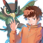 anthro beak brown_body brown_feathers brown_hair clothing duo feathers green_eyes hair jacket male tongue tongue_out topwear wings kcyan12 bandai_namco digimon digimon_survive falcomon_(survive) minoru_hyuga digimon_(species) falcomon human mammal 1:1 hi_res