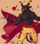 abs anthro biceps biped black_body black_fur black_nipples bottomwear bulge bullfighter chest_tuft clothed clothing corrida detailed_bulge ear_piercing flower fur genital_outline hairy holding_melee_weapon holding_object holding_sword holding_weapon horn male melee_weapon muscular muscular_anthro muscular_male nipples orange_eyes pants pecs penis_outline piercing plant pose rose_(flower) sash solo standing sword teeth topless tuft weapon mariart bovid bovine cattle mammal spanish_fighting_bull