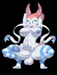 2023 alpha_channel anthro areola arms_above_head balls bedroom_eyes big_balls big_breasts big_penis blue_sclera blush blush_lines breasts clothed clothed_anthro clothed_gynomorph clothed_intersex clothing crouching eeveelution generation_6_pokemon genitals gynomorph hi_res huge_balls huge_penis intersex legwear looking_at_viewer narrowed_eyes navel nintendo nipple_dip nipples nude pata penis pokemon pokemon_(species) presenting presenting_penis ribbons_(moron_ribbons) seductive simple_background smile solo spread_legs spreading sylveon thick_thighs thigh_highs topless wide_hips