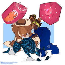 andromorph anthro blue_body blue_fur blue_hair blue_markings blue_tail bodily_fluids brown_body brown_fur brown_hair cervix cum cum_in_uterus cum_in_vagina cum_inside duo ear_piercing from_behind_position fur genital_fluids green_eyes green_hair hair holding_object holding_pillow horn impregnation internal internal_vaginal intersex intersex/male male markings ovum piercing pillow sex simple_background sperm_cell tail uterus white_body white_fur veltis mythology elias_(tab) monarch_(tab) african_wild_dog canid canine canis dragon hybrid mammal mythological_creature mythological_scalie scalie wolf 1:1 hi_res