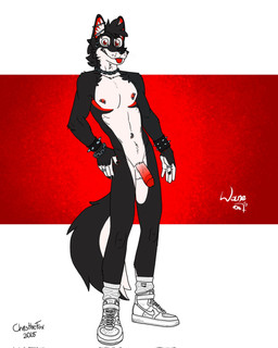 anthro balls black_body black_fur boots chain chain_necklace clothing ear_piercing ear_ring ears_up facial_piercing footwear footwear_only fur genitals hand_on_hip jewelry looking_at_viewer male mostly_nude necklace nipple_piercing nipples nose_piercing nose_ring nude penis piercing red_eyes ring ring_piercing shoes shoes_only sneakers sneakers_only socks solo spikes standing tail tongue tongue_out white_body white_fur bartek22 wayne_(bartek22) canid canine canis mammal wolf hi_res