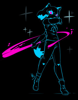 anthro baseball_bat bat_(object) biped black_background blue_sclera bottomwear breasts clothed clothing cosplay crossover_cosplay dipstick_tail facial_markings female footwear hair head_markings holding_baseball_bat holding_object looking_at_viewer markings mask_(marking) neon pants pink_eyes shirt shoes simple_background small_breasts solo sparkles standing t-shirt tail tail_markings topwear high5art brand_new_animal night_in_the_woods studio_trigger mae_borowski michiru_kagemori canid canine mammal raccoon_dog tanuki 2022 crossover digital_drawing_(artwork) digital_media_(artwork) full-length_portrait hi_res portrait restricted_palette signature