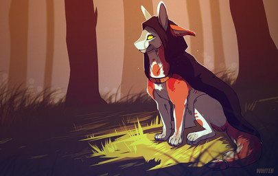ambiguous_gender black_cape black_clothing black_hood cape closed_smile clothed clothed_feral clothing ears_back empty_eyes feral forest fur grass mouth_closed multi_ear orange_body orange_fur outside pivoted_ears plant side_view sitting smile solo text tree white_body white_fur yellow_eyes unknowhiter mammal species_request 2015 artist_name full-length_portrait portrait