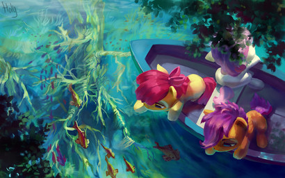 accessory boat bow_(feature) bow_accessory bow_ribbon centered_hair_bow detailed_background eyebrows eyelashes feathered_wings feathers female feral group hair hair_accessory hair_bow hair_ribbon hooves lake leaf looking_down nature nude orange_body orange_eyes orange_feathers plant purple_eyes purple_hair red_hair reflection ribbons sitting tree vehicle water watercraft wings young holivi friendship_is_magic hasbro my_little_pony mythology apple_bloom_(mlp) cutie_mark_crusaders_(mlp) scootaloo_(mlp) sweetie_belle_(mlp) aquatic earth_pony equid equine fish horse mammal mythological_creature mythological_equine pegasus pony 2015 absurd_res hi_res signature