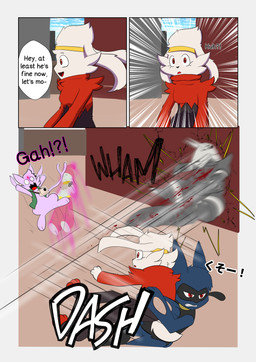 3_panel_comic ambiguous_gender anthro arm_tuft biped black_text blood blue_body blue_fur bodily_fluids camera cheek_tuft clenched_teeth clothing cloud day dialogue facial_tuft feral forehead_gem fur gem green_clothing group holding_another motion_lines open_mouth open_smile outside paws pink_body quadruped question question_mark red_body red_eyes red_fur shoulder_tuft sky smile sound_effects speech_bubble talking_to_another teeth telekinesis text tongue tuft wall_(structure) white_body white_fur white_sclera white_text wounded novaarts nintendo pokemon pokemon_mystery_dungeon spike_chunsoft hopps_(novaarts) lu_(novaarts) eeveelution espeon generation_2_pokemon generation_3_pokemon generation_4_pokemon generation_8_pokemon medicham pokemon_(species) raboot riolu 2025 absurd_res comic english_text hi_res japanese_text female_(lore) male_(lore)