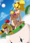 anthro beverage big_breasts bikini blonde_hair blue_eyes breasts clothing cloud crown duo ear_piercing eyewear female hair headgear horn koopa_clown_car long_hair male navel piercing ponytail red_hair shell spikes sunglasses swimwear two-piece_swimsuit tovio_rogers mario_bros nintendo bowser_jr. princess_peach human koopa mammal scalie 2018 hi_res signature