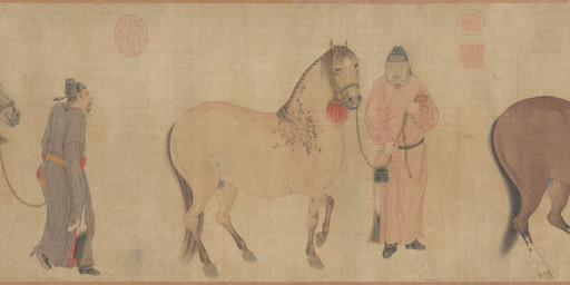 animal_genitalia asian_clothing balls beard belt biped boots brown_body chinese_clothing clothed clothed_human clothed_male clothing east_asian_clothing facial_hair feral footwear fully_sheathed genitals group halter hanfu hat headgear headwear holding_leash holding_object hooves leash male male_feral male_human mane mustache quadruped raised_hoof robe sheath shoes simple_background standing tail tan_body tassels unguligrade ren_renfa public_domain equid equine horse human mammal 14th_century absurd_res ancient_art hi_res huge_filesize painting_(artwork) traditional_media_(artwork) traditional_painting_(artwork)