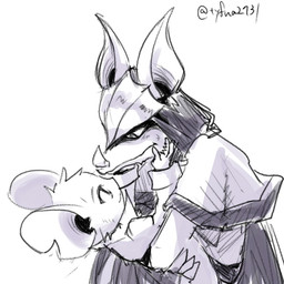 anthro armor bat_nose big_ears caressing_face cooat duo eye_contact female headgear helmet hug interspecies intimate larger_male looking_at_another male male/female notched_ear romantic romantic_couple size_difference smaller_female smile tyfna2731 mina_the_hollower yacht_club_games mina_(mina_the_hollower) thorne_(mina_the_hollower) bat mammal mouse murid murine rodent 1:1 greyscale monochrome