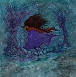 abstract_art absurd_res brown_hair clothing colored female fillyjonk fjorin hair hi_res janet_k_wallace landscape long_hair painting_(artwork) plant purple_clothing scarf snow solo standing the_moomins traditional_media_(artwork) tree watercolor_(artwork) winter