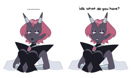 2_horns breasts clothed clothing cutout dialogue ellipsis eyeshadow female hair horn horn_jewelry horn_ring humanoid_pointy_ears humor jewelry lips makeup navel navel_cutout not_furry pink_hair pointy_ears question question_mark ring_(jewelry) short_hair simple_background solo text topwear white_background kianamai pretty_pretty_please_i_don't_want_to_be_a_magical_girl lady_devoid horned_humanoid humanoid mammal comic digital_media_(artwork) english_text