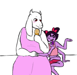 anthro clothed clothing dessert duo female female/female food fur hand_holding horn ice_cream larger_female long_ears multi_arm multi_eye multi_limb purple_body purple_skin simple_background size_difference smaller_female smile white_background white_body white_fur dunklezambie undertale undertale_(series) muffet toriel arachnid arthropod boss_monster_(undertale) bovid caprine humanoid mammal spider low_res source_request