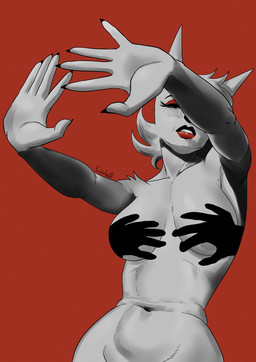 anthro belly breasts eyelashes eyeshadow female freckled_face freckles half-closed_eyes lips lipstick long_eyelashes makeup mature_female narrowed_eyes nipple_slip red_background red_eyeshadow red_lips simple_background solo tuft paisleyrose103 pink_among_blood_red_roses shadow_hands_challenge cybeles_paisley canid canine canis mammal wolf absurd_res black_and_white digital_media_(artwork) hi_res monochrome