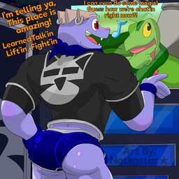 anthro briefs bulge butt clothing dialogue duo fangs magic male smile solo space teeth text thinking tongue underwear conditional_dnp notkastar nintendo pokemon zatch_(notkastar) generation_1_pokemon generation_3_pokemon grovyle humanoid machoke pokemon_(species) 1:1 english_text