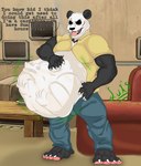 anthro belly big_belly dialogue hand_on_belly imminent_death male male_pred muscular muscular_male pointy_speech_bubble rumbling_stomach same_size_vore scar speech_bubble talking_to_another talking_to_prey text vore wolfoxangel.f beastars gouhin_(beastars) bear giant_panda mammal english_text hi_res