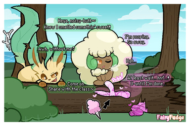 ambiguous_gender annoyed anus breath brown_eyes candy candy_feces colored_feces cotton_candy dessert dialogue duo excessive_feces feces feces_pile feral food food_feces heart_symbol hyper hyper_feces implied_scat_eating log one_eye_closed one_eye_half-closed outside pink_feces plant pooping pooping_in_container quadruped sound_effects speech_bubble tail tail_motion tree unusual_feces vowelless vowelless_sound_effect wood fairyfudge nintendo pokemon eeveelution generation_4_pokemon generation_5_pokemon leafeon pokemon_(species) whimsicott 3:2 digital_media_(artwork) signature