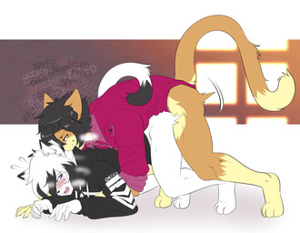 3_toes 4_toes 5_fingers abstract_background all_fours anal anal_penetration anthro anthro_on_anthro anthro_penetrated anthro_penetrating anthro_penetrating_anthro ass_up balls_deep barefoot biped black_clothing black_ear_tips black_eyebrows black_hair black_highlights black_hoodie black_markings black_nose black_tail_tip black_text black_topwear blush bodily_fluids bottomless bottomless_anthro bottomless_male breed claws clothed clothed_anthro clothed_male clothed_sex clothing clothing_in_mouth collared_shirt countershade_face countershade_fur countershade_legs countershade_neck countershade_snout countershade_tail countershade_thighs countershading cute_fangs dipstick_ears dipstick_tail duo ear_markings ears_back eyebrows fangs feet finger_claws fingers flying_sweatdrops from_behind_position fur gloves_(marking) hair hair_over_eye highlights_(coloring) hoodie hoodie_only humanoid_hands intraspecies leg_markings long_tail looking_pleasured male male/male male_anthro male_penetrated male_penetrating male_penetrating_male markings mounting multicolored_body multicolored_ears multicolored_fur narrowed_eyes obscured_anal obscured_penetration one_eye_obstructed open_mouth orange_body orange_ears orange_fur orange_tail penetration penile penile_penetration penis_in_ass pink_blush pink_eyes pink_text pink_tongue pivoted_ears plantigrade purple_clothing purple_eyes purple_shirt purple_topwear raised_heel raised_tail rolled_up_sleeves sex shirt shirt_only short_hair side_view snout socks_(marking) sweat sweatdrop tail tail_markings teeth text tiptoes toes tongue topwear topwear_only two_tone_body two_tone_fur white_body white_feet white_fur white_hair white_hands white_inner_ear white_sclera white_tail white_text yellow_body yellow_claws yellow_countershading yellow_feet yellow_fur yellow_hands yellow_markings yellow_tail_tip munkeesgomu ereki_kagami munks_(munkeesgomu) domestic_cat felid feline felis mammal english_description english_text