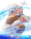 anthro belly blue_hair brown_body brown_fur clothing elemental_manipulation footwear fur grin hair male monk overweight sandals shoes smile solo staff tusks water water_manipulation nunutaro3 lifewonders tokyo_afterschool_summoners ganglie_(tas) mammal suid suine sus_(pig) wild_boar 4:5 hi_res