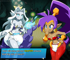 accessory antennae_(anatomy) bandeau bedlah big_breasts big_diaper blue_eyes breasts cheek_blush claws cleavage clothed clothing confusion crown cuff_(restraint) diaper duo ear_piercing ear_ring exposed fangs female fin fist gold_accessory gold_cuffs grin hair hair_accessory hair_tie headgear huge_breasts lobster_claws lobster_tail long_tail magic metal metal_cuffs no_pupils open_mouth piercing pipe pointy_ears ponytail purple_hair question_mark restraints ring_piercing scales screw smile tail teeth text text_box topwear translucent translucent_clothing white_body white_hair toonbabifier shantae_(series) wayforward empress_siren shantae animal_humanoid aquatic aquatic_humanoid arthropod arthropod_humanoid crustacean crustacean_humanoid decapod half_genie humanoid lobster lobster_humanoid malacostracan siren