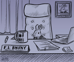 ambiguous_gender chair clothed clothed_feral clothing coffee_mug computer curtains desk electronics feral furniture inside laptop office office_chair pen photo solo suit table text taffywabbit bnuuy_(meme) lagomorph leporid mammal rabbit 2025 digital_media_(artwork) english_text