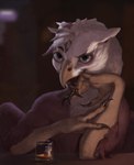 anthro beak beverage blue_eyes blurred_background brown_body brown_feathers elbow_on_table feathers feet female glass ice_cube open_mouth realistic solo talon_hands talons teeth toes white_body white_feathers atsuris mythology avian gryphon mythological_avian mythological_creature bust_portrait detailed hi_res portrait