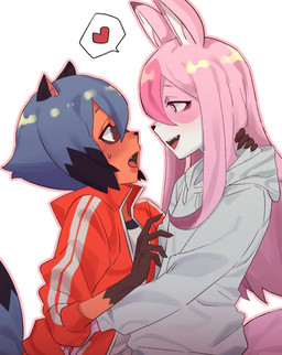 anthro black_body black_fur black_hair blue_body blue_eyes blue_fur blue_hair blush bodily_fluids brown_body brown_fur clothed clothing duo female female/female fluffy fluffy_tail fur gloves_(marking) hair heart_symbol jacket long_hair markings multicolored_body multicolored_fur multicolored_hair pink_body pink_fur pink_hair speech_bubble sweat tail topwear white_body white_fur takao_0901 brand_new_animal studio_trigger michiru_kagemori nazuna_hiwatashi canid canine fox mammal raccoon_dog tanuki 2020 absurd_res hi_res