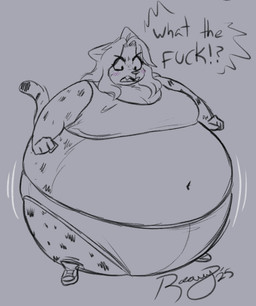 angry anthro belly belly_expansion belly_inflation biped blush body_inflation bottom_heavy breasts butt clothed clothing dialogue embarrassed expansion female fur hair inflation interrobang looking_at_self looking_down looking_down_at_self markings monobutt motion_lines navel open_mouth profanity solo spherical_inflation spots spotted_body spotted_fur standing text tight_clothing upset yelling roarythefygar natalie_clark_(revolutionno9) cheetah felid feline mammal 2025 english_text signature spot_color