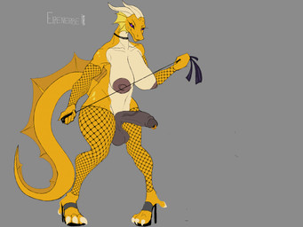 anthro areola balls big_areola biped breasts clothing digitigrade erection fishnet_clothing fishnet_legwear footwear foreskin genitals grey_background gynomorph high_heels humanoid_genitalia humanoid_penis intersex legwear nipples penis sagging_breasts shoes simple_background solo text whip erenerbe mythology dragon mythological_creature mythological_scalie scalie artist_name digital_drawing_(artwork) digital_media_(artwork) english_text handwritten_text hi_res restricted_palette yellow_theme