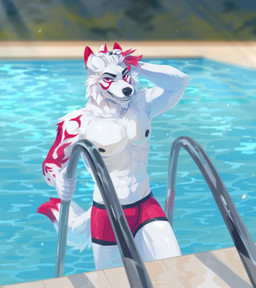 anthro black_nipples black_nose blurred_background bottomwear clothed clothing dipstick_ears ear_markings fangs front_view fur grin hair looking_at_viewer male multicolored_ears multicolored_hair nipples outside red_body red_bottomwear red_clothing red_eyes red_fur red_hair red_swimwear smile solo standing swimming_pool swimming_pool_ladder swimwear teeth topless two_tone_hair unsigned white_body white_fur white_hair corzh77 canid canine canis mammal wolf hi_res