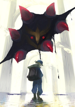 ambiguous_gender backpack blonde_hair clothing column duo footwear hair hat headgear headwear looking_at_viewer red_eyes shoes cchan_tuka nintendo pokemon pokemon_legends_arceus volo_(pokemon) generation_4_pokemon giratina human legendary_pokemon mammal origin_forme_giratina pokemon_(species) 2026 absurd_res hi_res male_(lore)