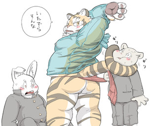 anthro balls barely_visible_balls barely_visible_genitalia blush bottomwear butt clothing fur genitals group male overweight overweight_male pants shirt text topwear underwear white_body white_fur meg_hoi lagomorph leporid mammal rabbit 2015 japanese_text