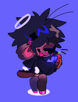 accessory antennae_(anatomy) anthro big_ears big_nose black_clothing black_mane black_sweater black_topwear brown_body brown_fur chibi clothing fur hair_accessory hairclip hooves male mane red_fangs simple_background solo star_hair_accessory sweater tablet tail topwear sleepyandshine teto_(sleepyandshine) demon felid hybrid lion mammal pantherine hi_res