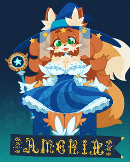 :3 anthro arm_tuft blue_clothing blush bottomwear breasts cheek_tuft chest_tuft choker cleavage clothed clothing clothing_lift countershade_face countershading cute_fangs dipstick_tail eyelashes facial_tuft fangs female female_anthro fluffy fluffy_tail frilly frilly_clothing front_view fur gloves green_eyes hair handwear hat headgear headwear inner_ear_fluff jewelry long_hair magic_user markings medium_breasts necklace open_mouth open_smile orange_body orange_fur orange_hair petticoat shoulder_tuft shoulderless_dress skirt small_waist smile solo sparkles sparkling_clothing star_eyes star_pattern tail tail_markings teeth text tuft wand white_clothing witch witch_costume witch_hat ayashii_sprites ameria_(ayashii_sprites) canid canine fox mammal 2026 4:5 digital_drawing_(artwork) digital_media_(artwork) english_text hi_res