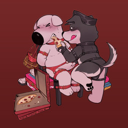 anthro bdsm blush bondage bound bulge duo food force_feeding forced harness male male/male pizza slightly_chubby slightly_chubby_male anonpupb family_guy brian_griffin mr._pickles canid canine canis domestic_dog mammal 1:1 hi_res