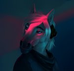 anthro biped blue_eyes clothing feathers fur hair light looking_away male neon neon_lights solo synthwave white_body white_fur white_hair sepulte riche equid equine horse mammal hi_res lighting portrait