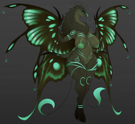 2_tails 2_toes 4_wings antennae_(anatomy) anthro breasts claws eye_markings fangs feet female fluffy_mane fur genitals green_body green_eyes green_fur green_mane green_markings green_nipples green_wings heart_jewelry insect_wings lepidopteran_wings long_neck long_tongue mane markings multi_tail multi_wing nipples nude nude_anthro nude_female solo standing tail teeth thick_thighs toe_claws toes tongue vulva wing_claws wing_jewelry wings khemmmis mythology fan_character arthropod butterfly dragon hybrid insect lepidopteran mythological_creature mythological_scalie scalie hi_res story story_in_description